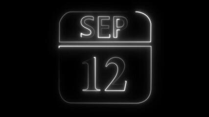 Neon calendar icon showing September 12th date with white glowing outline on black background number