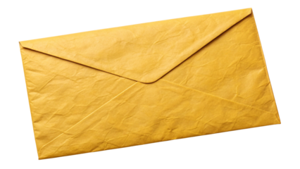 Yellow envelope tilted at angle showing depth, isolated on a transparent background