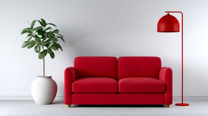 Red couch sits in front of a white wall. A red lamp sits on the floor next to the couch. The room is empty and has a minimalist feel