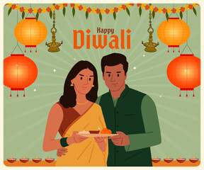 Happy Diwali text with festival decoration and Indian young couple celebrating Indian festival vector illustration 