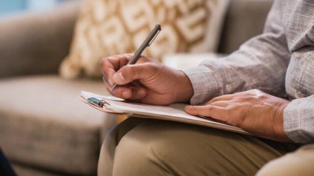 A Close-Up View of a Person Engaged in Serious Note-Taking, Featuring a Pen and Notepad, Ideal for Capturing Moments of Reflection and Thoughtful Writing