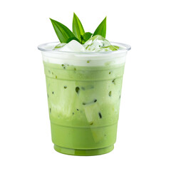 Green-colored drink in a clear plastic cup, layered with cream and topped with leaves