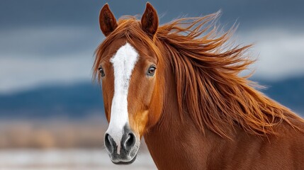 Obraz premium Brown horse with a white face and a white mane. The horse is looking at the camera