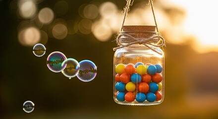 Bubbles Floating Past a Jar of Colorful Candy