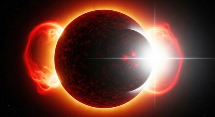 A dramatic depiction of a solar eclipse with the suns corona flaring outwards in vibrant red and orange hues
