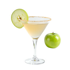 A martini glass with a pale drink, apple garnish, and sugar rim, isolated on black