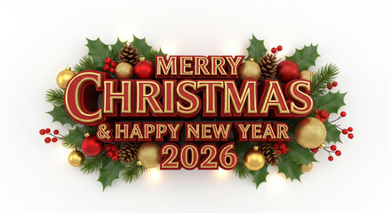 Elegant Merry Christmas and Happy New Year 2026 greeting with festive red and gold decorations on a white background