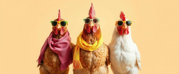 Three chickens wearing sunglasses and colorful scarves stand against a peach background. The chickens are of different breeds and colors, showcasing a playful scene.
