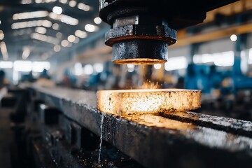Cinematic close-up of a massive metal press forging a glowing, white-hot steel billet on an industrial production line, with steam and a blurred factory background.