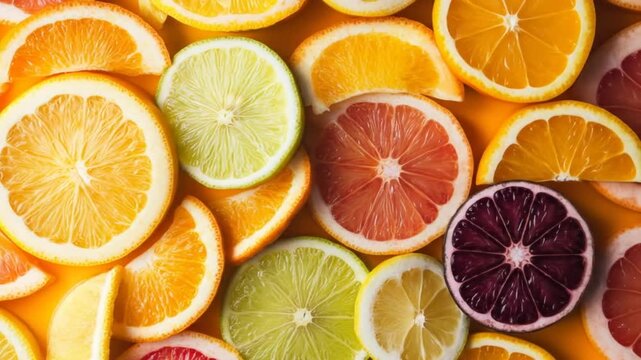 Vibrant citrus fruit slices arranged overhead with color and texture