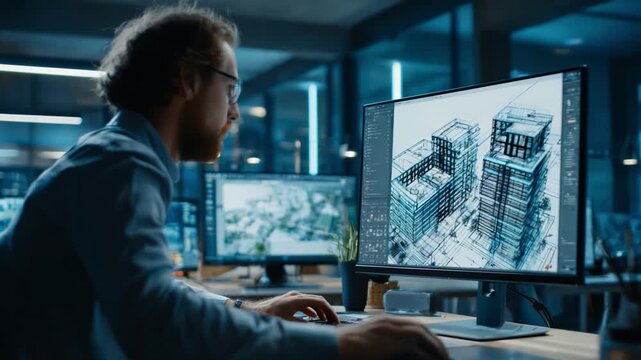 Architect Visualizing Modern Building Design on Dual Monitors: A Deep Dive into Digital Urban Planning and the Creative Process of 3D Modeling in Contemporary Architecture