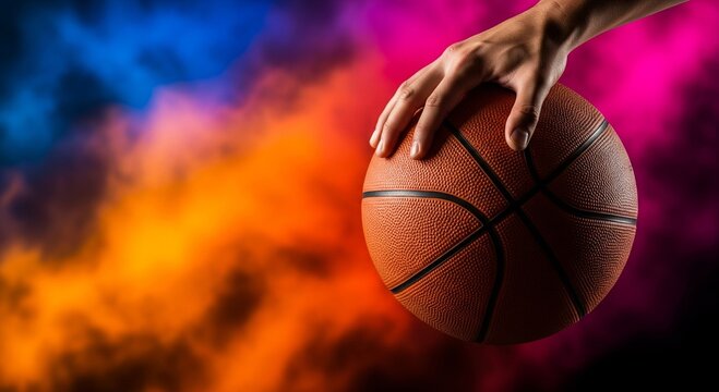 Basketball in Hand with Dynamic Colorful Background