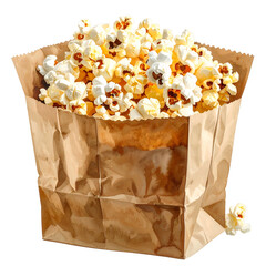 A brown paper bag overflowing with fluffy, buttery popcorn kernels. Isolated on black