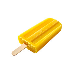 A single, rectangular yellow ice pop on a wooden stick, isolated on a black background