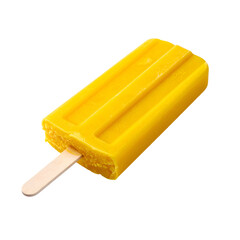 A bright yellow popsicle with a wooden stick, set against a solid black background