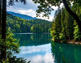 Serene mountain lake framed by dense forest