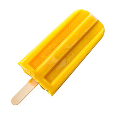A close-up shot of a yellow popsicle with a wooden stick, isolated on a black background