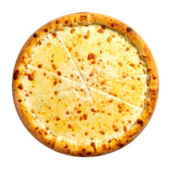 A golden-brown, circular pie of baked dough and melted cheese, sliced into wedges