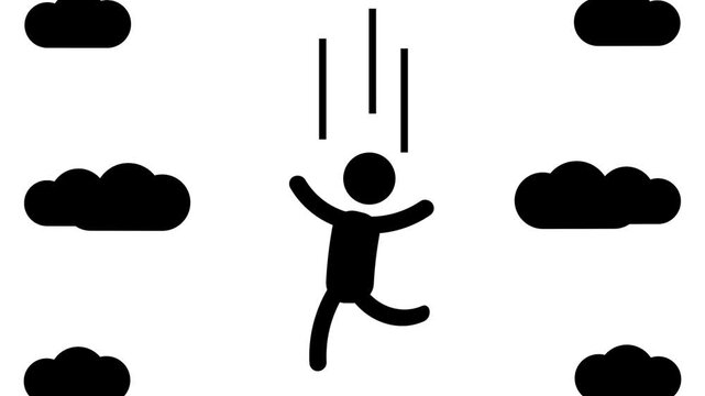 A person drops suddenly from the cloudy sky, falling freely through the air in a dramatic moment of descent and weightless surrender