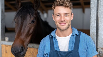 Man is standing in front of a horse, smiling. The horse is brown and is standing in a stable