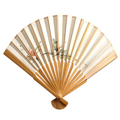 A delicate, open hand fan, with floral imagery on white paper and wooden ribs against black