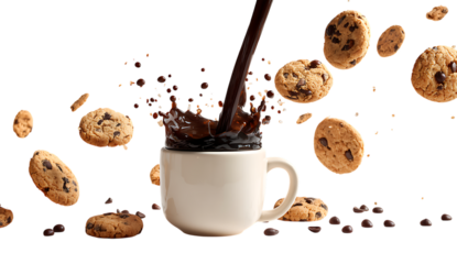 Cup with coffee pouring into it surrounded by chocolate pieces on a white background