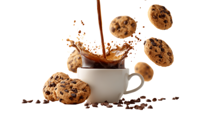 Cup with hot coffee pouring into it with chocolate treats on a white background