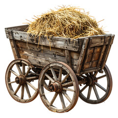 A weathered wooden cart, filled with golden hay, sits ready for transport
