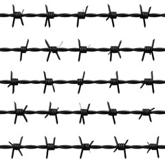 Five horizontal rows of sharp, dark-colored barbed wire against a black background