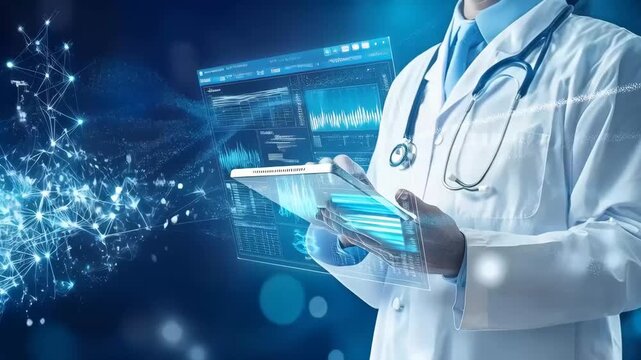 Medical professional using a tablet in a tech clinical setting, showcasing digital health, telemedicine, AI driven patient data networks, and connectivity for better care outcomes