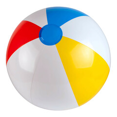 A colorful, inflated ball with alternating panels of red, yellow, blue and white