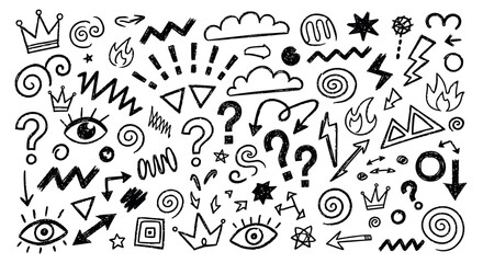 Vector art of collection of handdrawn sketch elements like eyes, question marks, clouds, and lightning bolts