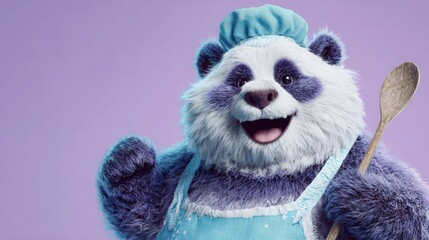 A cheerful panda wearing a blue apron and chef's hat holds a wooden spoon. The background is a soft purple, creating a playful cooking atmosphere.
