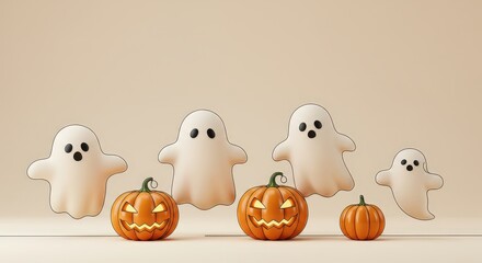 Spooky specters and glowing gourds celebrate Halloween on a soft cream backdrop, ready for trick or treating