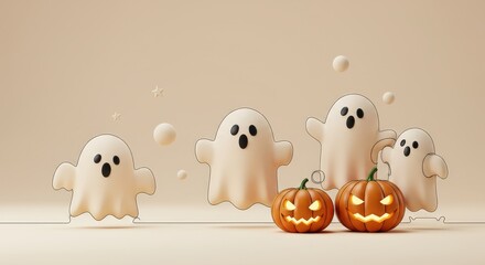 Ghosts gather near glowing pumpkins on a spooky halloween night, ready for trick or treat