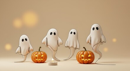 A spooky gathering of cartoon ghosts and pumpkins on a beige background celebrates Halloween