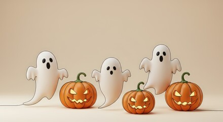 Eerie october evening as friendly Ghosts and Jack-o'-Lanterns gather for a Halloween celebration