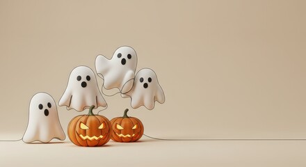 Spooky season celebrations a group of playful Ghosts gather around glowing Pumpkins on a beige background