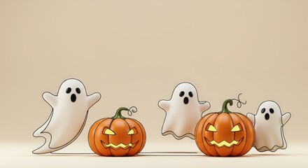 Spooky season friends a gathering of playful Ghosts and bright Jack o' Lanterns prepare for Halloween night