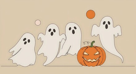 Spooky specters and smiling pumpkin on a beige background beneath floating orbs for Halloween