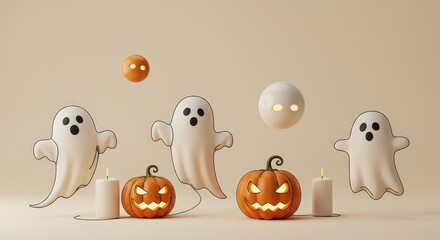 Ghostly gathering among glowing pumpkins and flickering candles on a beige Autumn evening