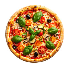 Overhead shot of a pizza featuring various toppings, from tomatoes and olives to basil leaves