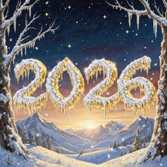 Embracing the frosty future a glistening vision of 2026 over snowy Mountains at sunset