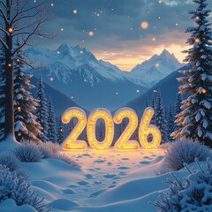 Illuminated '2026' greets the dawn in snowy mountains, heralding a new year with hope and serene winter beauty
