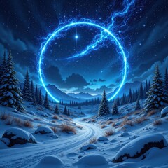 Electric gateway over winter landscape, luminous circle in a starry Night near snowy Mountains