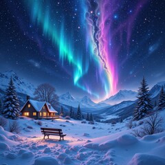 Cabin glows beneath the vibrant aurora borealis illuminating a snowy winter night in the Mountains
