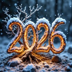 Glowing numbers mark the New Year as snow falls on a cold winter landscape in a magical forest at night