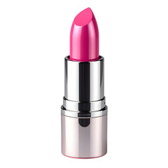 Isolated close-up of a bright pink lipstick in a shiny, metallic tube on a black background