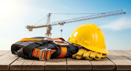 Construction safety equipment displayed on wooden surface with crane in background