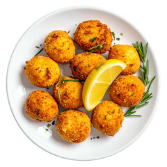 Overhead shot of a white plate with golden, fried food balls, lemon wedge and herbs